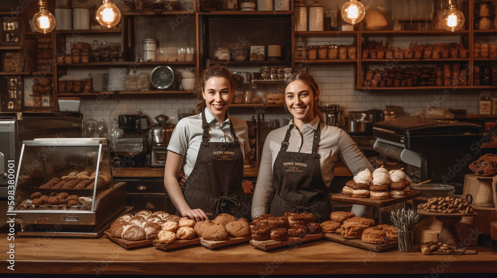 Proud Young Adult Female Partners At The Counter of Their New Bakery Shop In Europe - Generative AI.