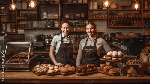 Proud Young Adult Female Partners At The Counter of Their New Bakery Shop In Europe - Generative AI.