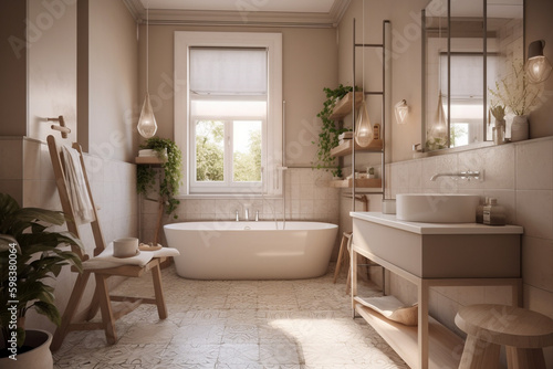 Cute modern bathroom  boho design interior style. Beige light colors. Super photo realistic background  generative ai