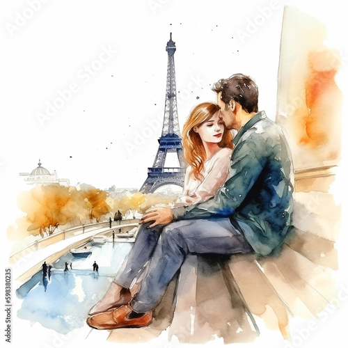 Lovely couple in paris watercolor paint 