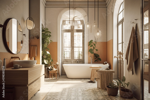 Cute modern bathroom  boho design interior style. Beige light colors. Super photo realistic background  generative ai