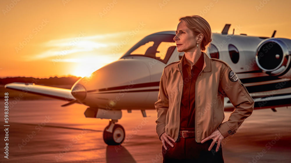 Proud Young Adult Female Airline Pilot In Front of Her Private Executive Jet on the Tarmac - Generative AI. Proud Young Adult Female Airline Pilot In Front of Her Private Executive Jet on the Tarmac - Generative AI.