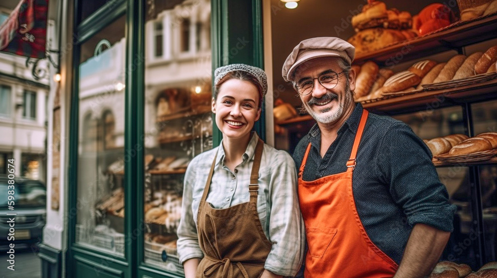 Middle-aged Couple At The Entrance of Their New Bakery Shop In Europe - Generative AI.