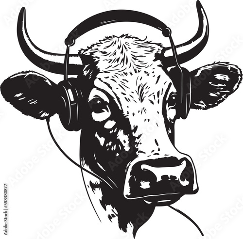 Cow in headphones, Portrait of Cow with headphones, Vector Illustration, SVG