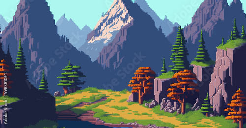 Landscape 8bit pixel art. Summer natural landscape mountain scenery arcade video game background