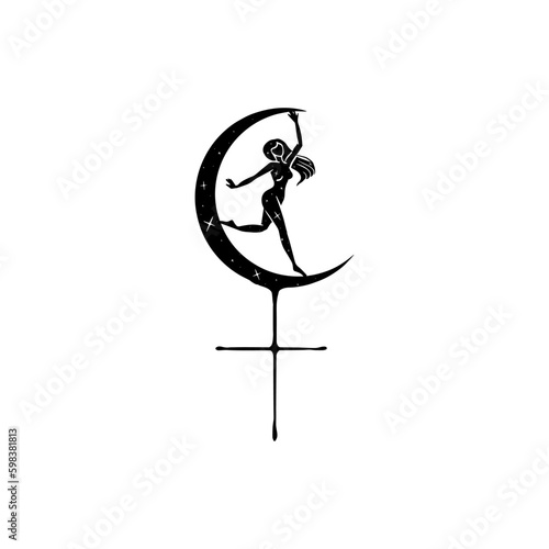 lilith symbol of a witch dancing as a ritual during crescent moon tattoo idea design