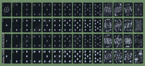 Silver (grey) black playing printable vector cards for gambling (poker, bridge), deck of 52 cards. Silhouette a portrait of the King, Queen, Jack and Joker and 4 suits spades, hearts, diamonds, clubs.