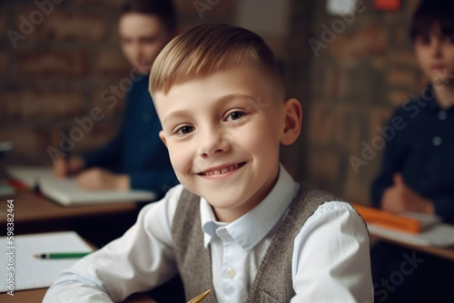 A small school boy sitting at the desk in classroom on the lesson, looking at camera. Generative AI