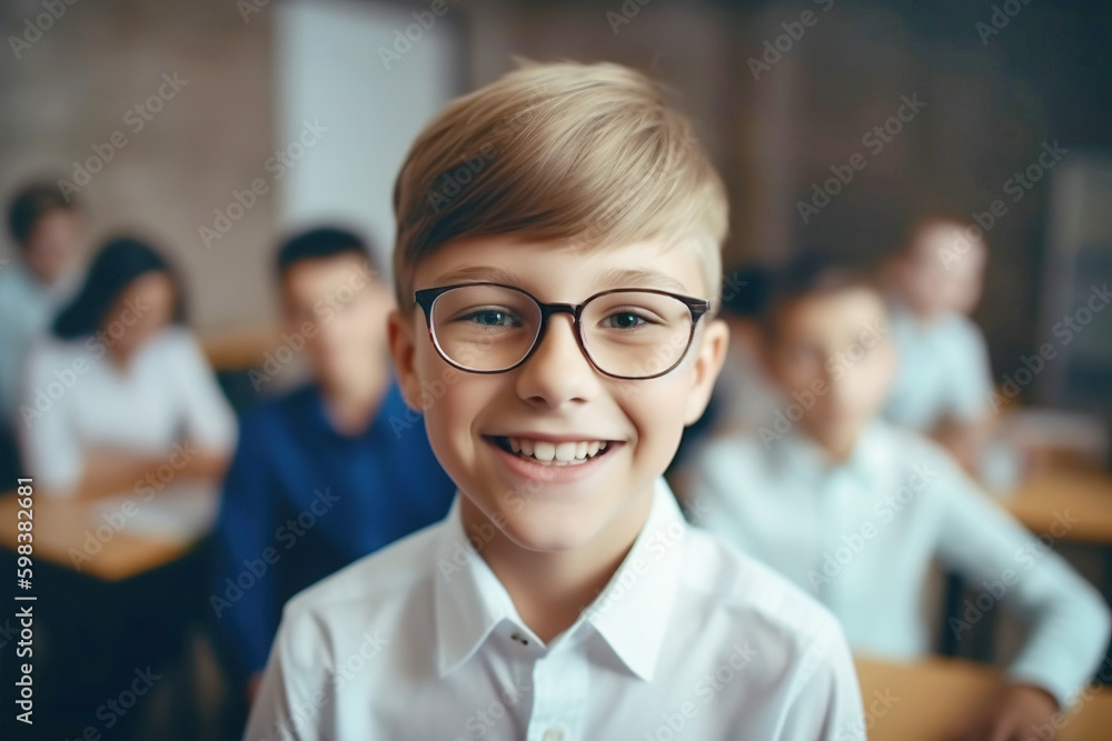 A small school boy dressed a white shirt, wearing glasses sitting at the desk in classroom on the lesson, looking at camera. Generative AI A small school boy dressed a white shirt, wearing glasses sitting at the desk in classroom on the lesson, looking at camera. Generative AI