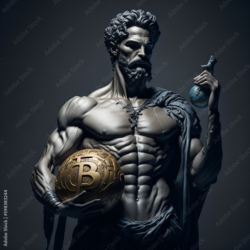 Strong and Mighty Greek God, Holding Bitcoin Globe and Flask Strong and Mighty Greek God, Holding Bitcoin Globe and Flask
