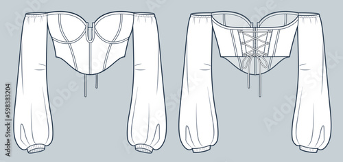  Off Shoulder Top witch Corset technical fashion Illustration. Bustier Top fashion flat technical drawing template, long sleeve, lace-up, slim fit, front and back view, white, women CAD mockup.