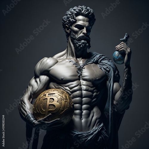 Strong and Mighty Greek God, Holding Bitcoin Globe and Flask