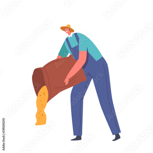 Farmer Male Character Pours Grains From Sack Onto Ground For His Livestock. The Grains Spill Out From The Open Sack Generative AI