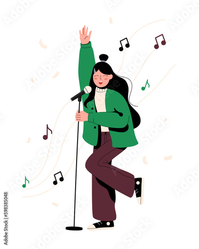 Vector illustration of a smiling cute girl who dances and sings, musical notes are located around. A character in stylish clothes actively performs on stage. Eurovision concept, music competitions.