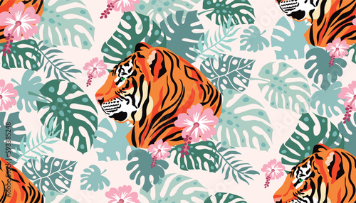 Tiger and tropical plants  flowers  leaves. Beautiful seamless pattern iin cartoon realistic style Modern fashion print background animal skin for textile  fabric  wallpaper Vector illustration