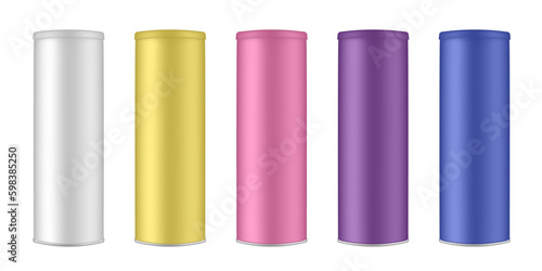 Set of chips tubes. Packaging mockup. White, yellow, pink, purple and blue containers. Cardboard box with plastic lid. Tall tin canisters