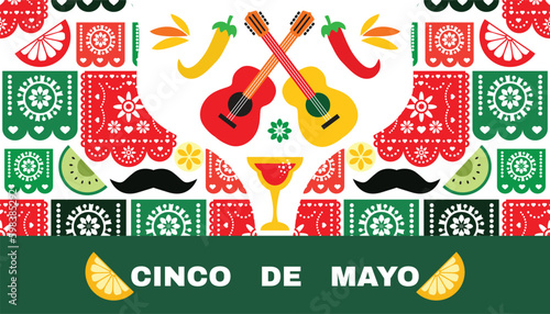 Happy Cinco de mayo template  poster with guitar, sombrero, pepper, tequila, firework, pattern  Translation from spanish - Cinco de Mayo - May 5 federal holiday in Mexico.Vector illustration