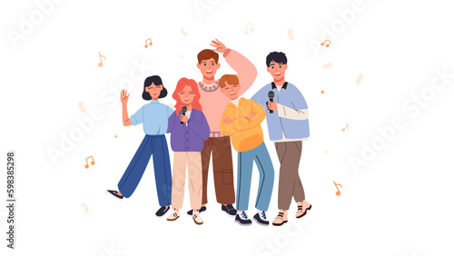 Vector illustration of a company of joyful young people with microphones who perform together. The musical group sings at the event. An example of how music brings people together. Eurovision concept.