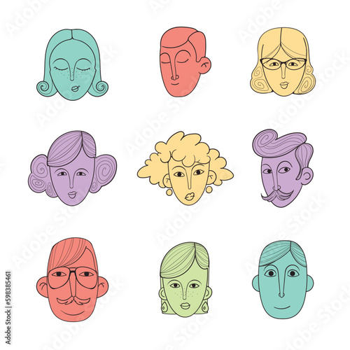 A set of vector images. Male and female faces. Bright set of colored avatars for your application or website. 