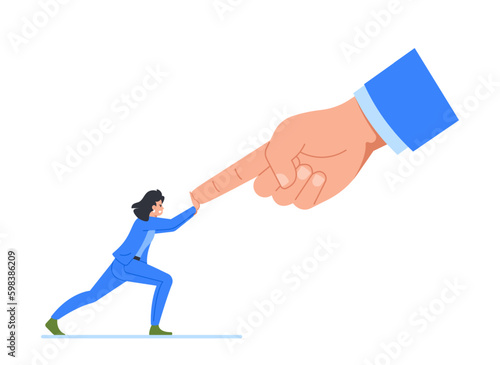 Female Employee Resists Boss By Fighting With Huge Hand Pointing On Her With Finger, Symbolize Overcoming Authority Generative AI
