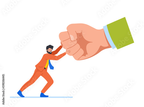 Employee Male Character Fights With Boss Giant Hand, Symbolizing Resistance And Standing Up Against Authority Generative AI