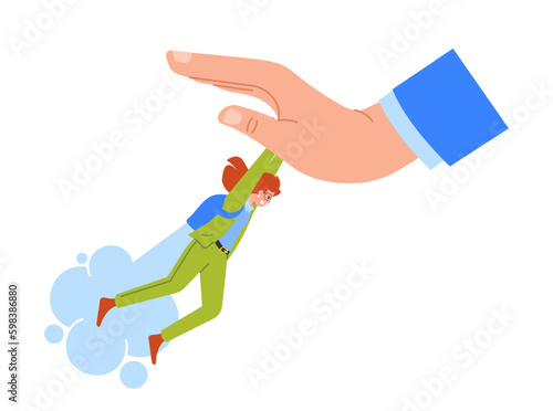 Resistance With Boss Concept, Female Employee Character Wear Jet Pack Fight With Huge Hand Representing Resistance Generative AI