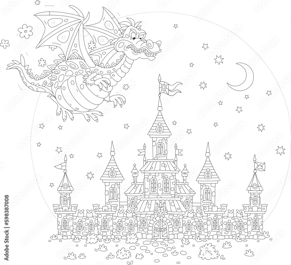 Fire-breathing dragon flying over a fairytale castle with high towers, defensive stone walls, gates, waving royal flags at a mysterious moonlit night, black and white outline vector cartoon illustrati