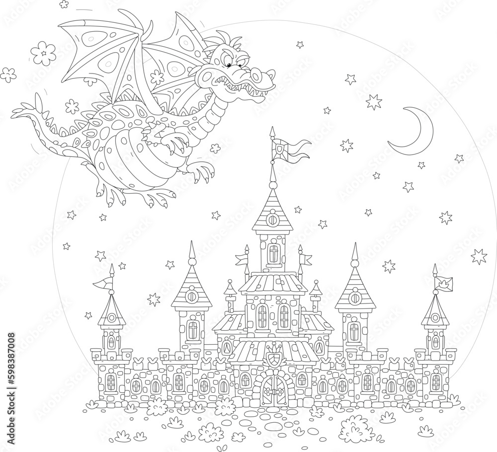Naklejka premium Fire-breathing dragon flying over a fairytale castle with high towers, defensive stone walls, gates, waving royal flags at a mysterious moonlit night, black and white outline vector cartoon illustrati