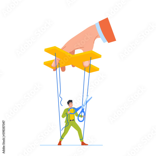 Marionette Employee Male Character Deftly Cuts Ropes, Freeing From Strings, Symbolizing Independence And Freedom Generative AI