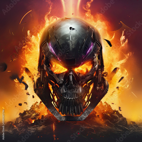 robot skull and fire