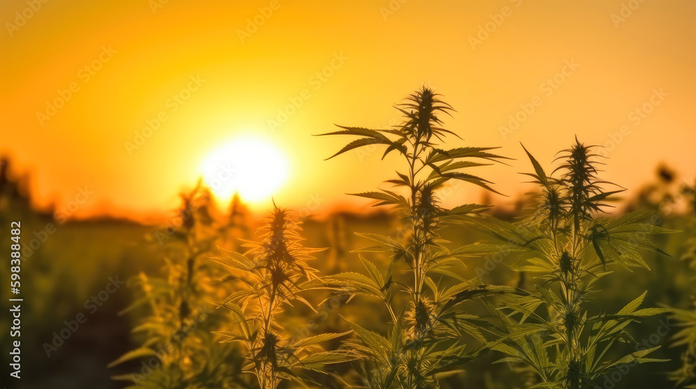 Cannabis field at sunset. Generative AI Cannabis field at sunset. Generative AI