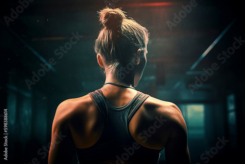 Back View of Beautiful Athletic Woman in Shallow Depth of Field with neon light - Generative Ai photo