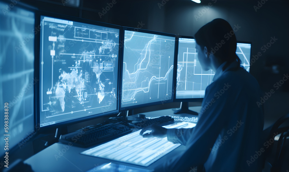 female cybersecurity technician seated at a computer monitor with several screens, accurate topography, light navy and cyan, subtle atmospheric perspective --ar 89:53
female cybersecurity technician seated at a computer monitor with several screens, accurate topography, light navy and cyan, subtle atmospheric perspective --ar 89:53