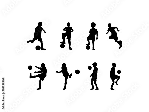  kid playing soccer. vector illustration. vector set of football (soccer) kids in various poses. soccer kid players silhouette.