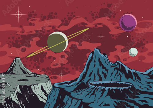 Retro Style Fantastic Space Landscape Poster. Astonishing Comic Book Universe Illustration