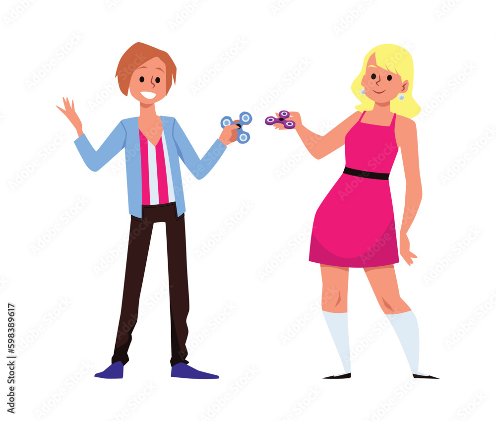 Happy women playing with spinner, cartoon flat vector illustration isolated on white background. Happy women playing with spinner, cartoon flat vector illustration isolated on white background.
