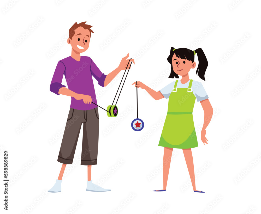 Children playing yoyo string toy, flat cartoon vector illustration isolated. Children playing yoyo string toy, flat cartoon vector illustration isolated.
