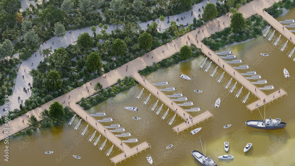 Φωτογραφία Commercial pier on the edge of a lagoon, with a large incidence of boats, a wood