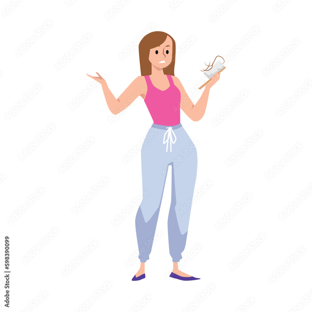 Sad woman holds brush with little hairs, hair loss problem - flat vector illustration isolated on white background. Sad woman holds brush with little hairs, hair loss problem - flat vector illustration isolated on white background.