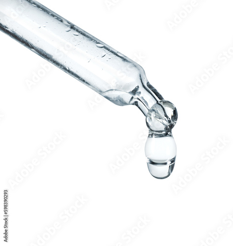 Cosmetic pipette with a dripping drop close-up on a white background