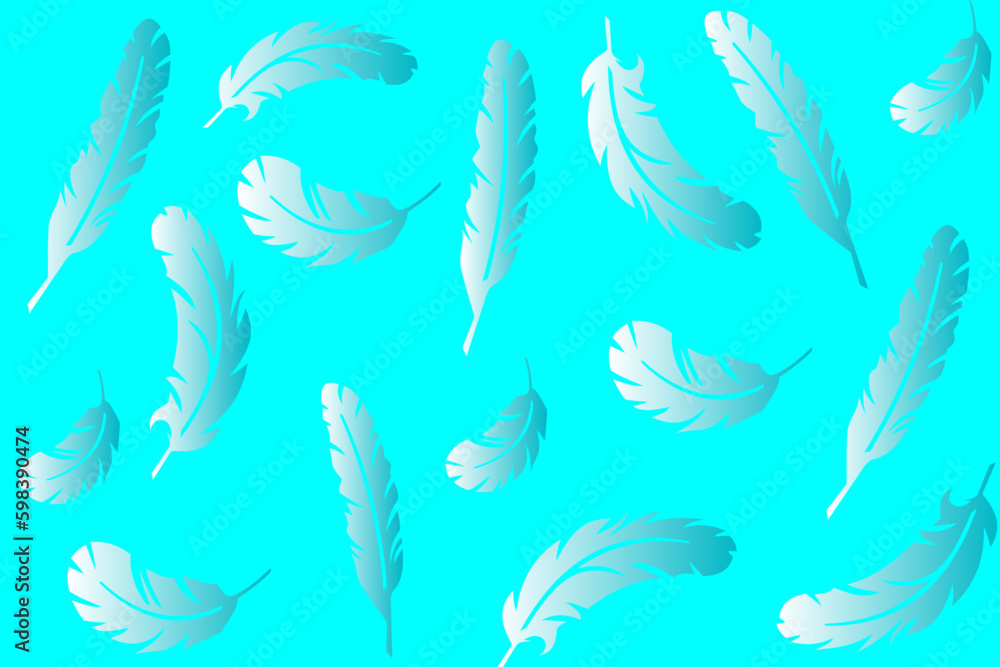 Vector collection of feathers, beautiful feathers of different shapes scattered randomly on a pastel blue background Vector collection of feathers, beautiful feathers of different shapes scattered randomly on a pastel blue background
