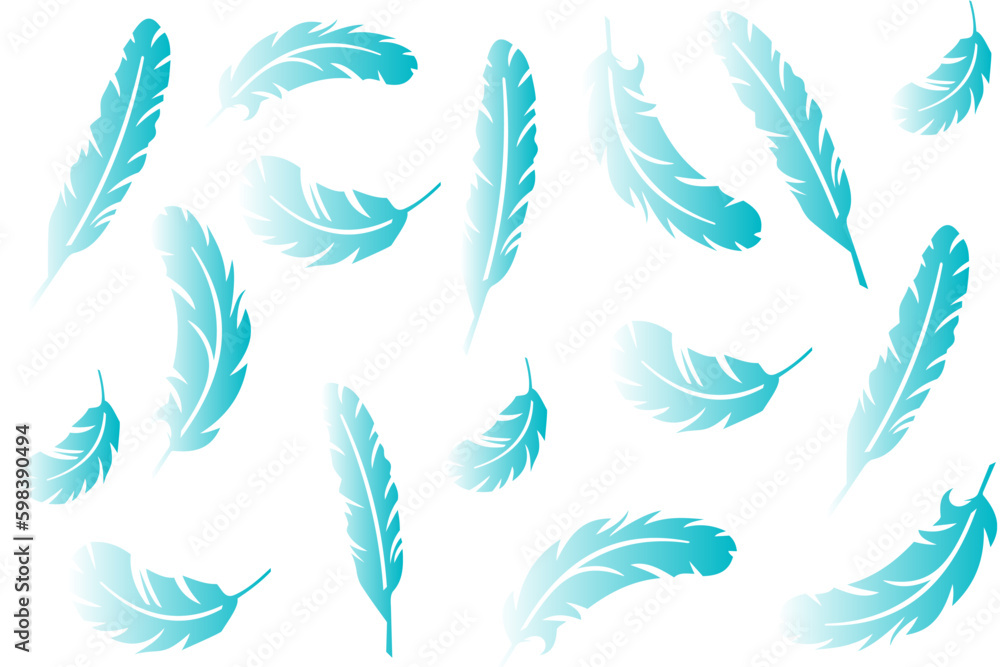 Vector collection of feathers, beautiful blue feathers of different shapes scattered randomly on a white background Vector collection of feathers, beautiful blue feathers of different shapes scattered randomly on a white background