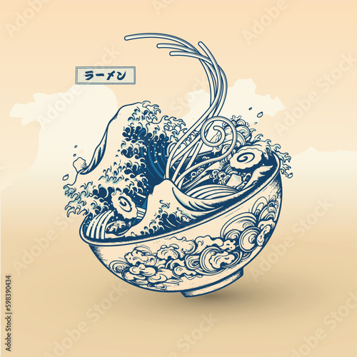 Fotografering Traditional Japanese ramen and the Great Wave of Kanagawa on a bowl