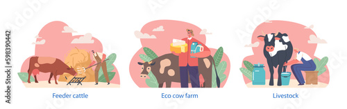 Farmer Characters Work On Livestock With Cows, Milking, Feeding, Produce Natural Dairy Farm Production Isolated Elements Generative AI