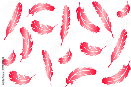 Vector collection of feathers, beautiful red feathers of different shapes scattered randomly on a white background 