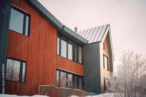 Modern Nordic house style fro exterior view, Architecture design for family, personal house for relaxing after work, beautiful sweet home with Generative Ai. © TANATPON