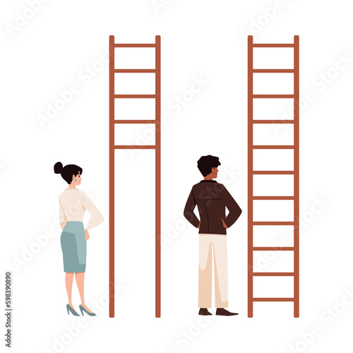 Social inequality and gender gap abstract drawing with ladder, flat vector illustration isolated on white background.