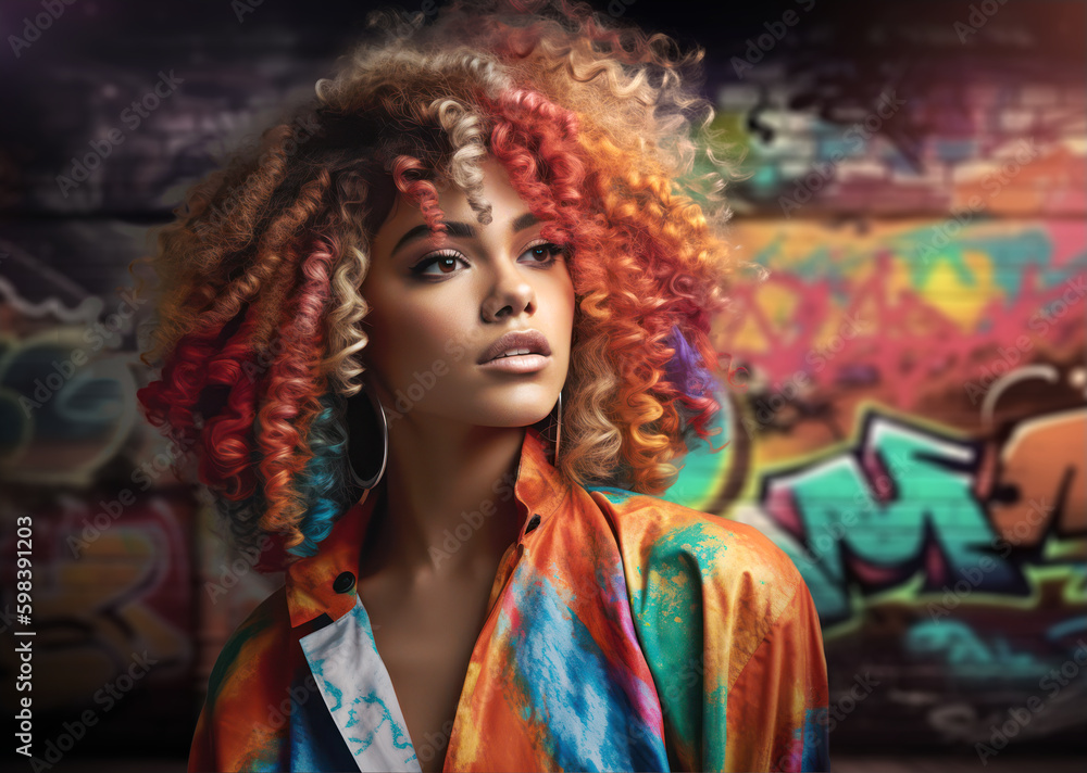 girl with multicolored curly hair in front of a graffiti wall. generative ai girl with multicolored curly hair in front of a graffiti wall. generative ai