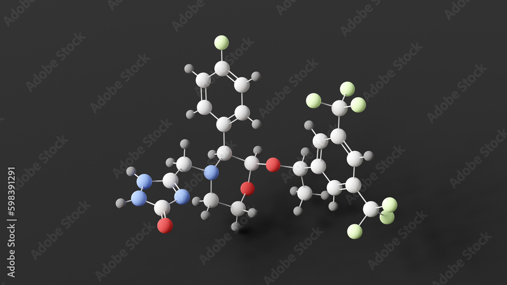 aprepitant molecule, molecular structure, emend, ball and stick 3d model, structural chemical formula with colored atoms aprepitant molecule, molecular structure, emend, ball and stick 3d model, structural chemical formula with colored atoms