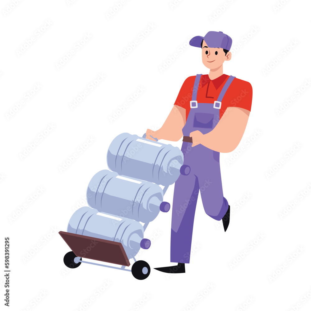 Happy male courier pushing cart with big water gallons, cartoon flat vector illustration isolated on white background.